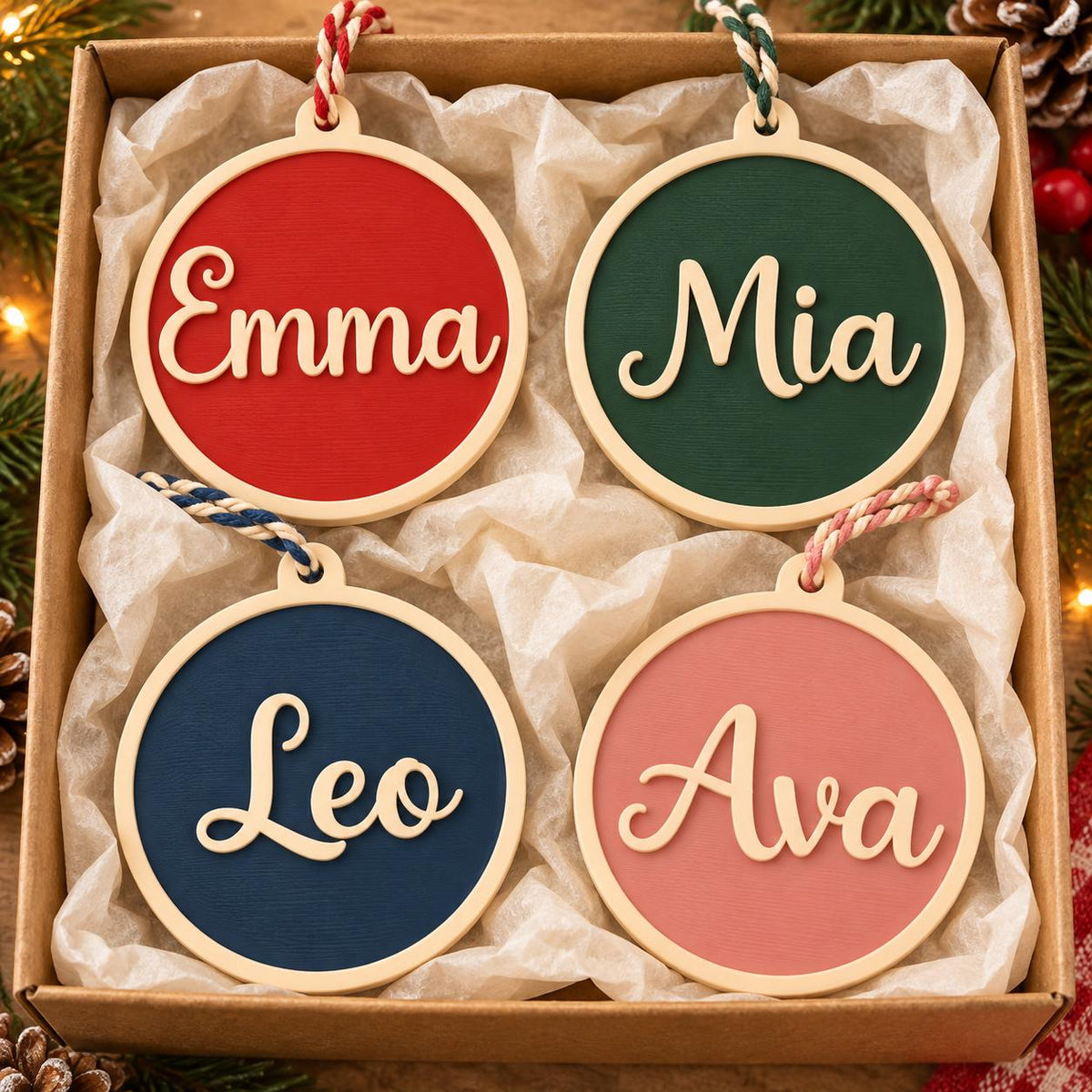 May include: Four circular wooden ornaments with light-colored frames and colored centers in red, dark green, navy blue, and dusty pink. Each ornament features a white script name: Emma, Mia, Leo, and Ava. Each has a decorative hanging cord.