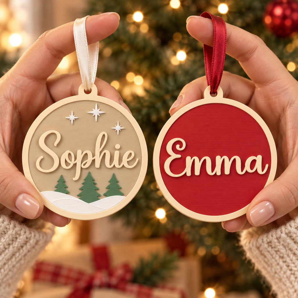 May include: Two circular ornaments with light-colored frames. The left ornament is beige with green pine trees, white snow, and white stars, featuring the name Sophie. The right ornament is red with the name Emma. Both have hanging ribbons.