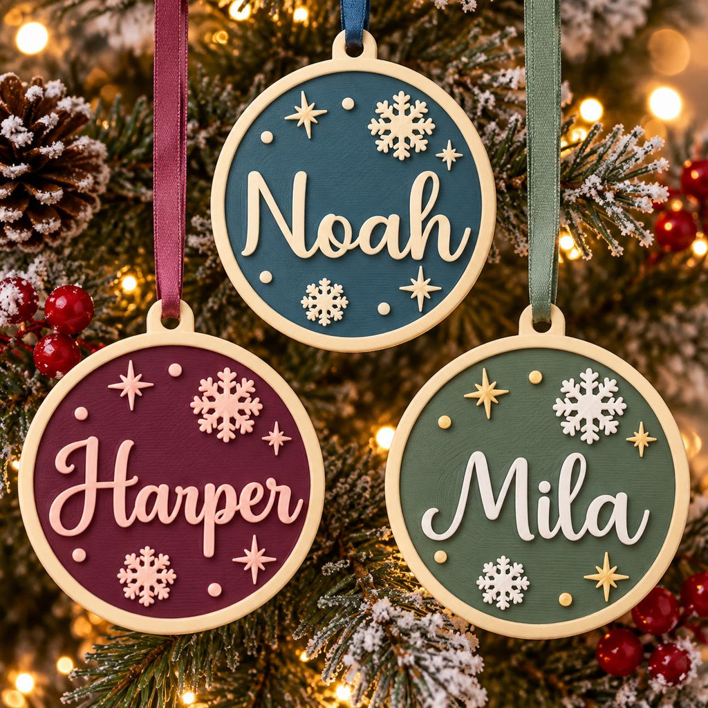 May include: Three circular wooden ornaments with hanging ribbons. The top ornament is teal with the name Noah, the bottom left is burgundy with the name Harper, and the bottom right is green with the name Mila. Each features snowflakes and stars.