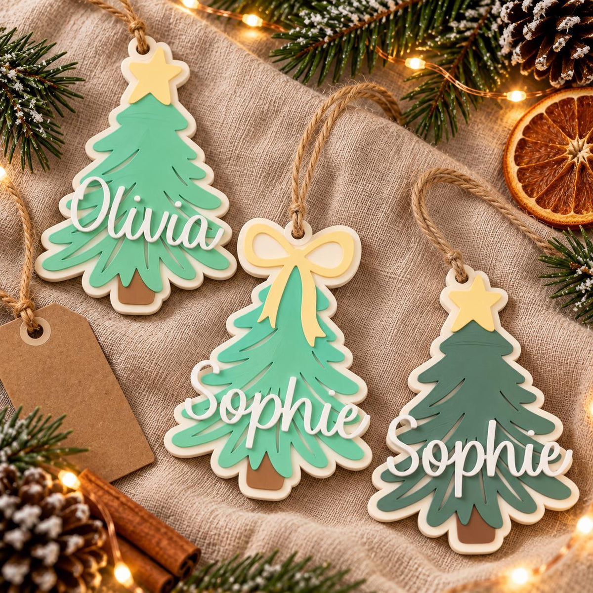 May include: Three layered Christmas tree ornaments made of wood. Two trees are light green with a yellow star or bow, and one is dark green with a yellow star. Each ornament features a white script name, either Olivia or Sophie, and a jute twine loop.