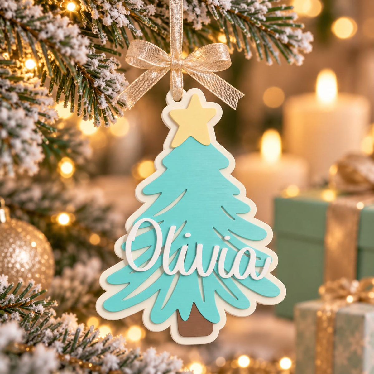 May include: A layered Christmas tree ornament in teal and cream with a yellow star topper and a brown trunk. The name Olivia is written in white script across the center. A gold ribbon is tied at the top for hanging from a tree branch.