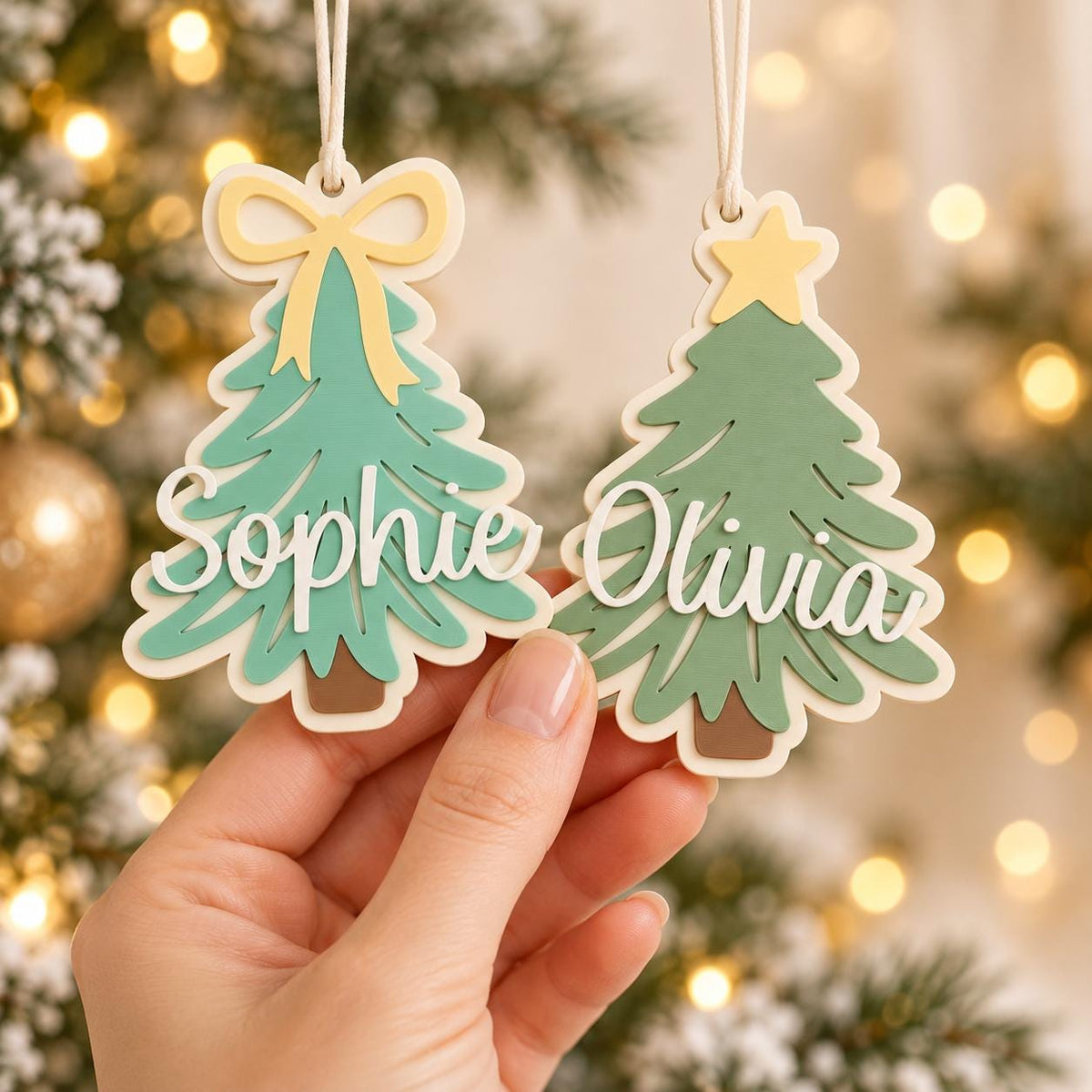 May include: Two layered wooden Christmas tree ornaments with white string hangers. One tree is light green with a yellow bow and the name Sophie in white script. The other is dark green with a yellow star and the name Olivia in white script.