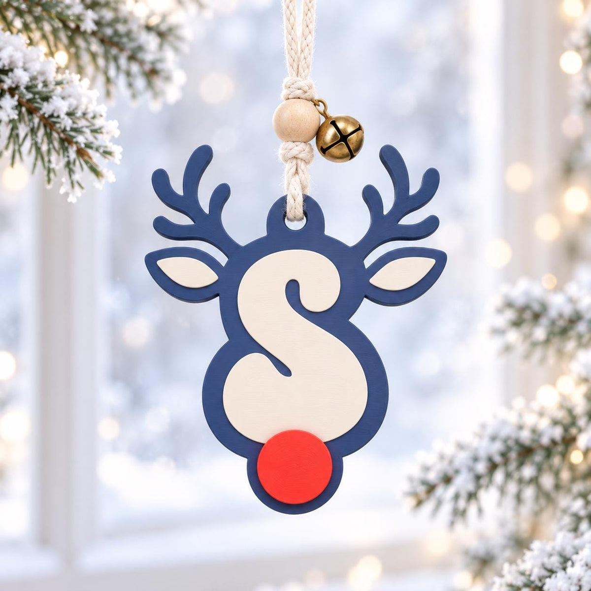 May include: A navy blue reindeer-shaped Christmas ornament featuring a large cream-colored letter S in the center, a bright red circular nose, and cream-colored ear accents. It hangs from a beige cord with a wooden bead and a small brass bell.