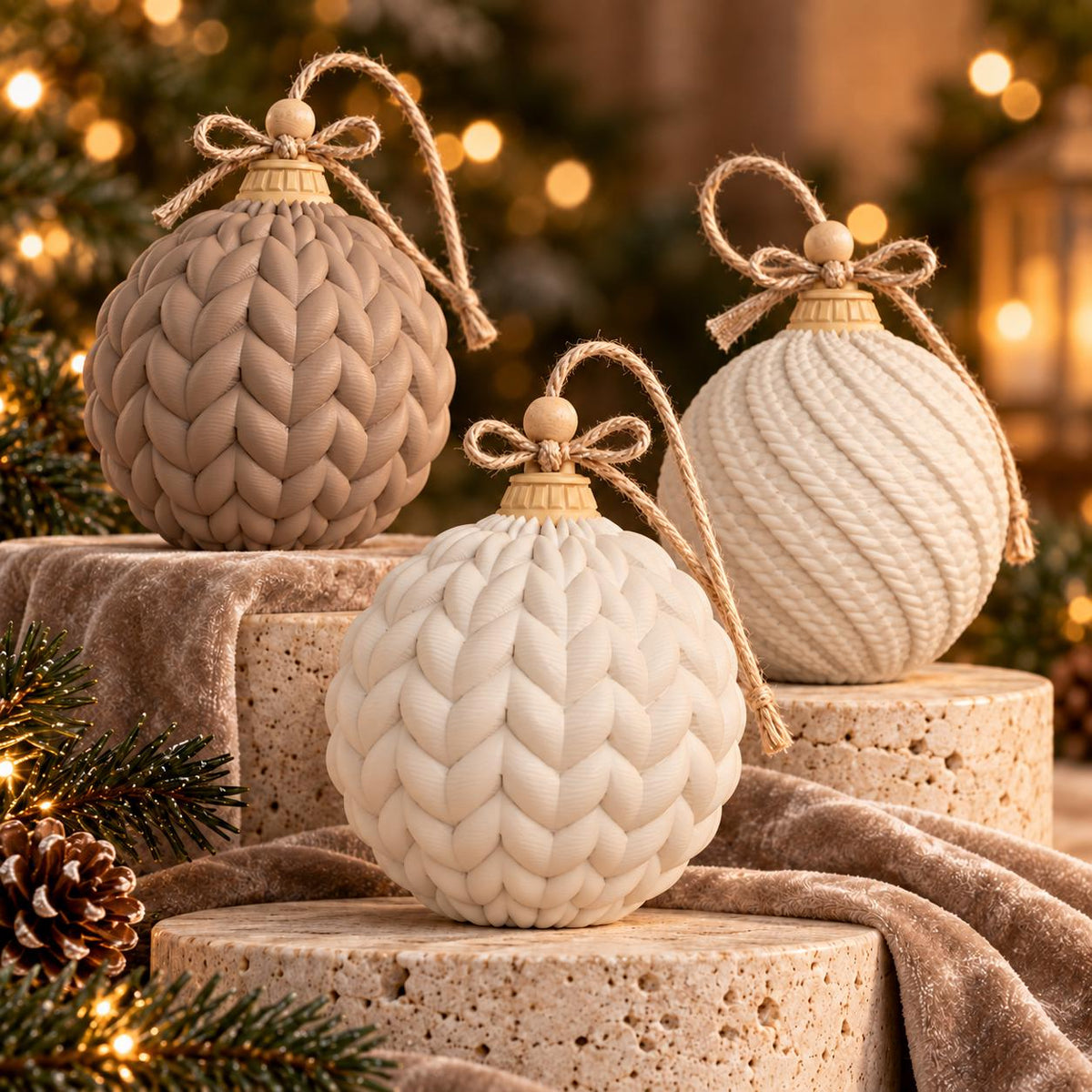 May include: Three spherical ornaments featuring textured surfaces. One is taupe with a vertical cable knit pattern, one is cream with a vertical cable knit pattern, and one is white with a diagonal rope texture. Each has a wooden bead and twine loop.