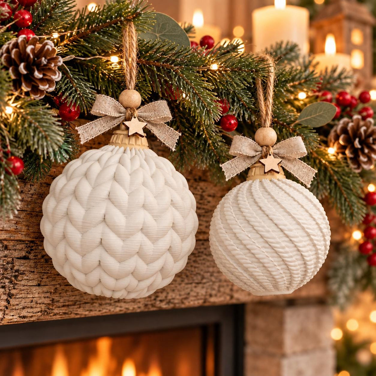 May include: Two round white Christmas ornaments hanging from jute twine. The left ornament features a raised cable knit texture, while the right ornament has a diagonal ribbed pattern. Each is topped with a wooden bead, a burlap bow, and a small star.