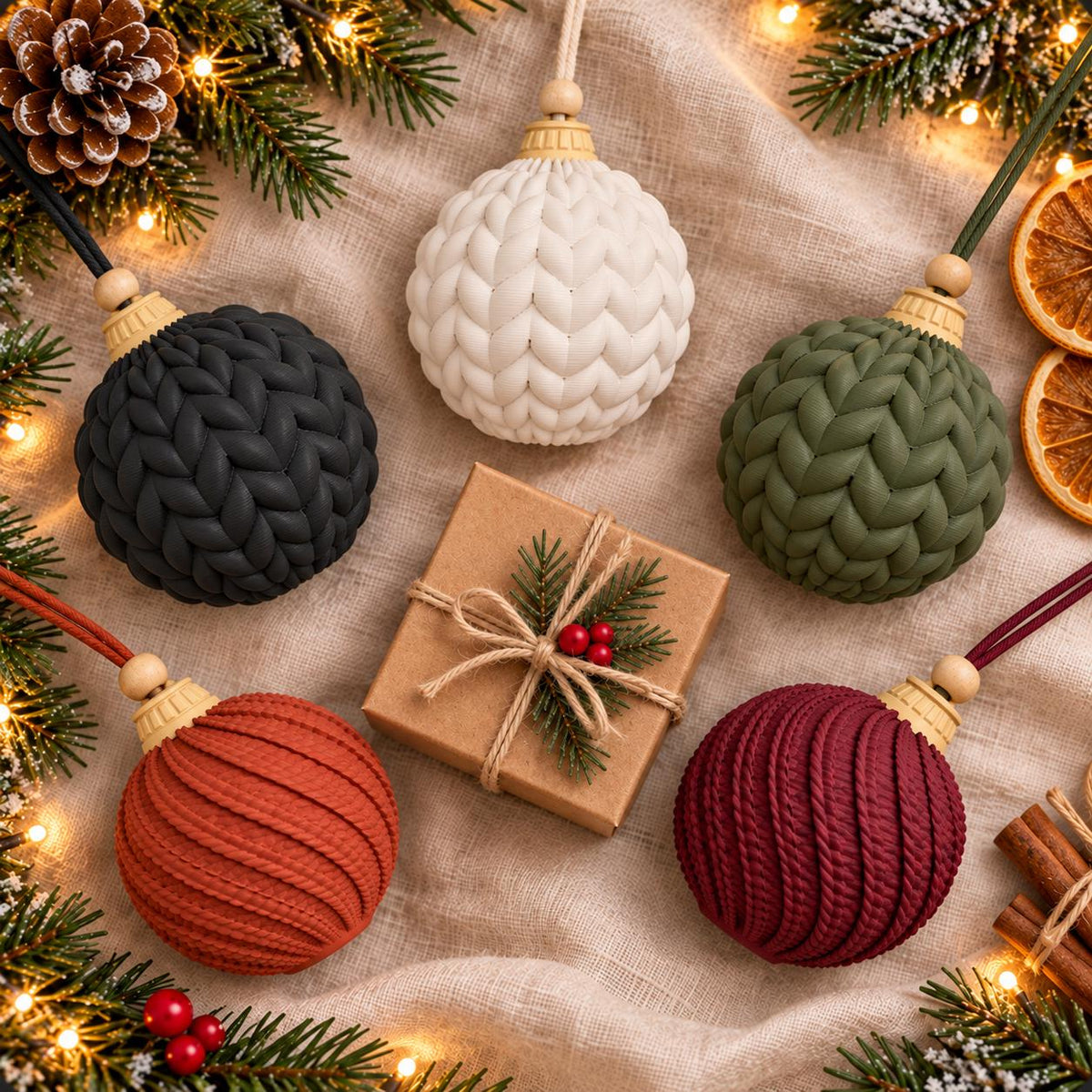 May include: Four spherical ornaments with textured surfaces in black, white, olive green, and deep red, each featuring a wooden bead and hanging cord. A square brown gift box tied with twine and decorated with a small pine sprig sits in the center.