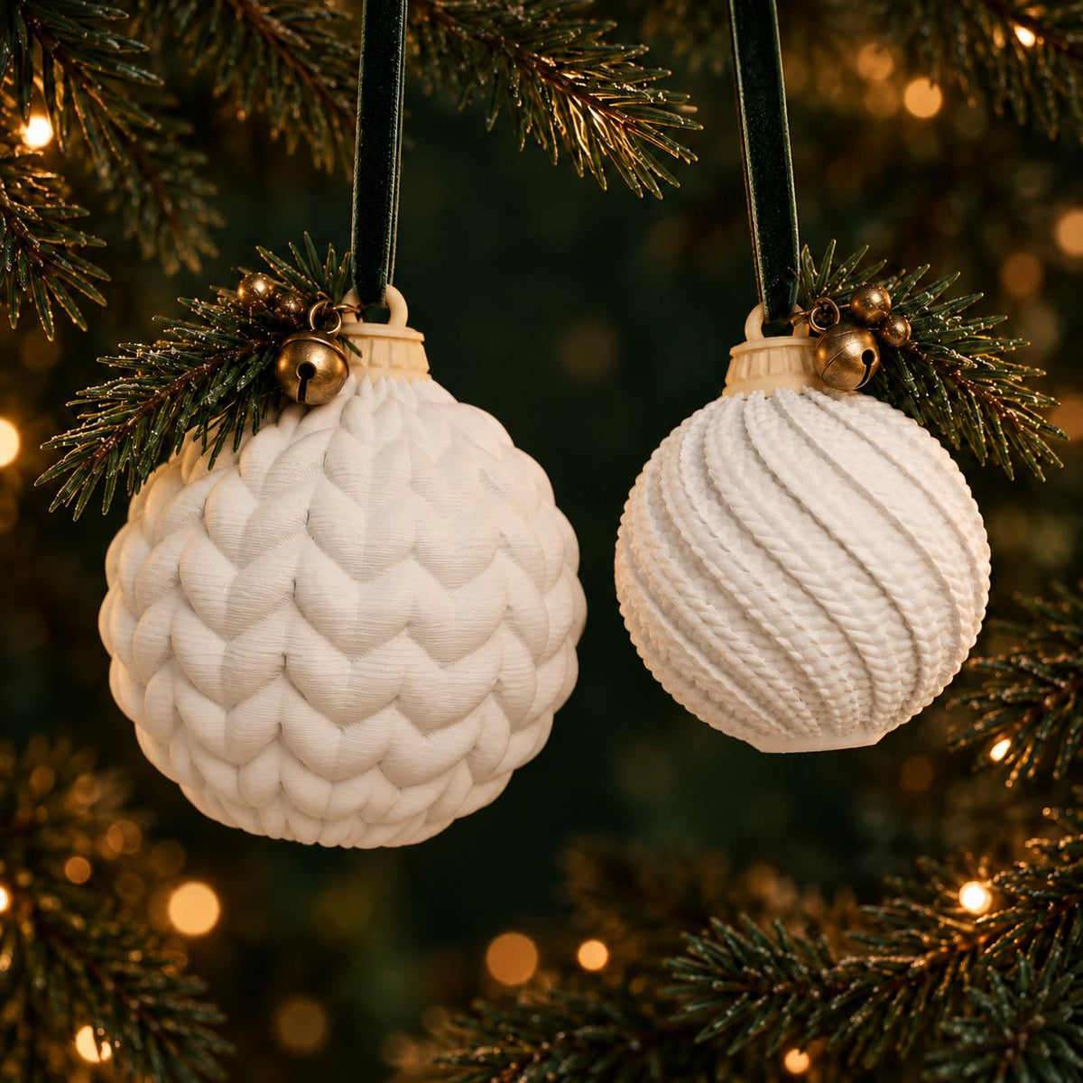 May include: Two spherical white Christmas ornaments hanging from dark green velvet ribbons. The left ornament features a textured braided pattern, while the right ornament has a diagonal ribbed design. Both include a small brass bell and pine sprig.
