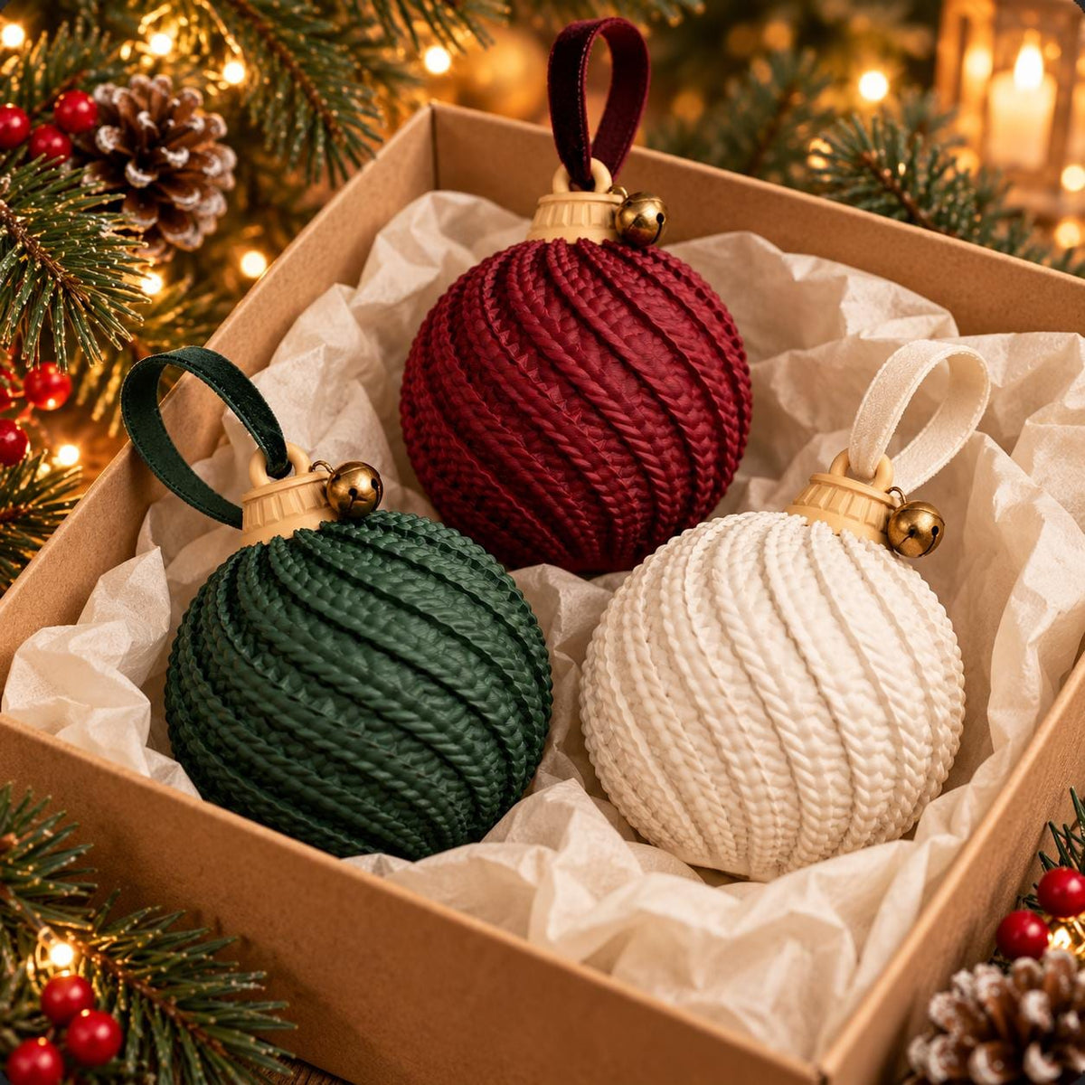 May include: Three spherical Christmas ornaments in dark red, forest green, and cream white, each featuring a textured, diagonal cable-knit pattern. Each ornament has a small gold-toned bell attached to the top cap and a velvet hanging loop.