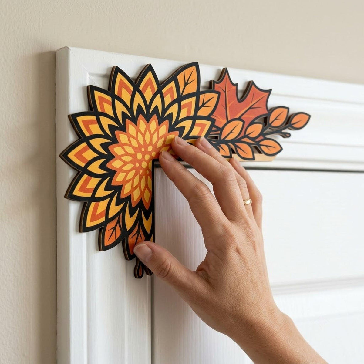 Sunflower door corner decoration featuring a vibrant sunflower, autumn leaves, and botanical accents, crafted from premium plywood or acrylic with front-side UV printing, available in left or right corner orientation for decorating interior door frames.