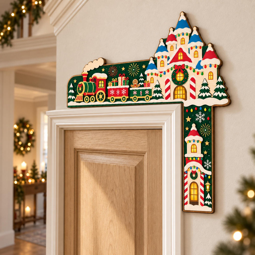 May include: A wooden L-shaped Christmas door corner sign featuring a festive train carrying gifts and a gingerbread person, connected to a castle structure with blue roofs, candy cane pillars, and green accents against a dark green background.