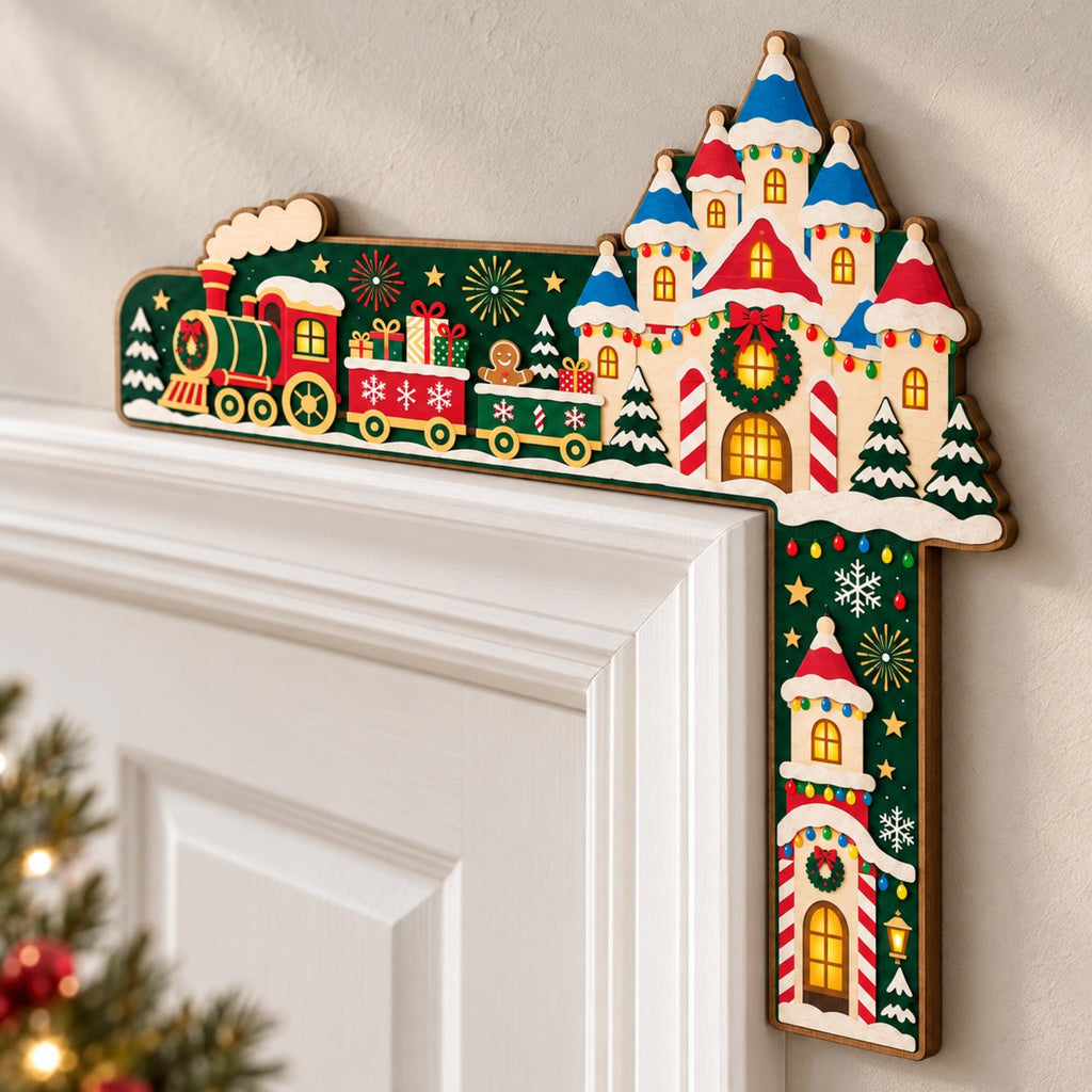 May include: A wooden Christmas door corner decoration featuring a festive train with a gingerbread figure and a castle with blue roofs, red accents, and green wreaths. The design includes colorful lights, snowflakes, and fireworks on a dark green background.