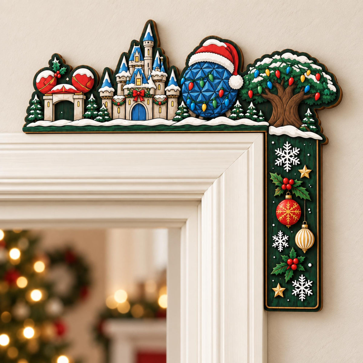 May include: A wooden door corner sign featuring a colorful illustration of a castle, a geodesic sphere wearing a Santa hat, and a tree with holiday lights. The vertical section displays snowflakes, red and gold ornaments, and holly berries.