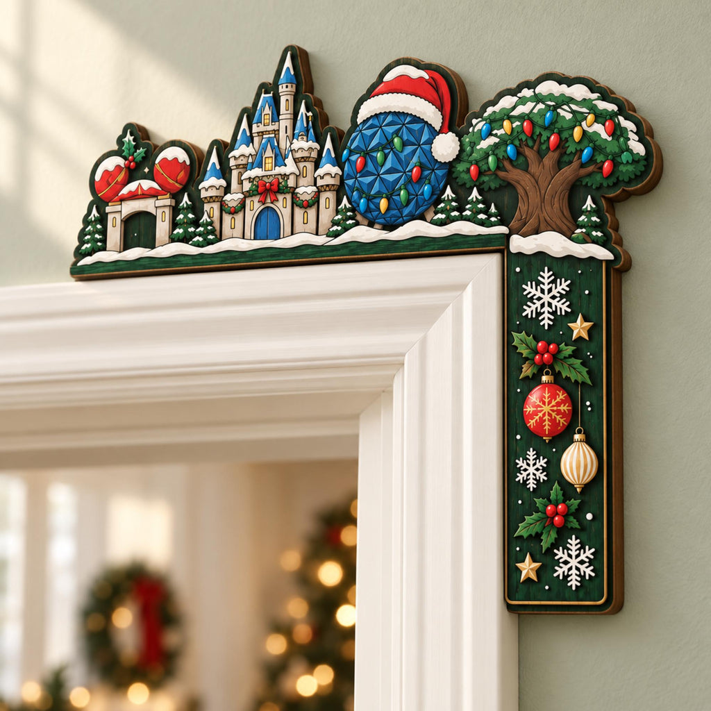 May include: A decorative wooden door corner topper featuring a winter theme with a castle, a geodesic dome wearing a Santa hat, and a tree with colorful lights. The vertical side displays snowflakes, holly, and hanging ornaments on a dark green background.