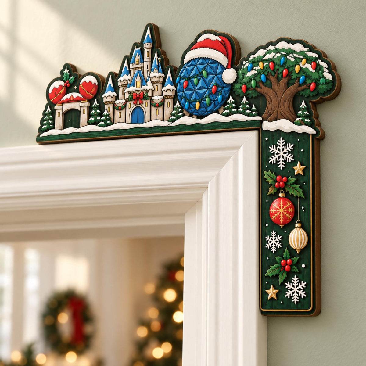 May include: A decorative wooden door corner topper featuring a winter theme with a castle, a geodesic dome wearing a Santa hat, and a tree with colorful lights. The vertical side displays snowflakes, holly, and hanging ornaments on a dark green background.