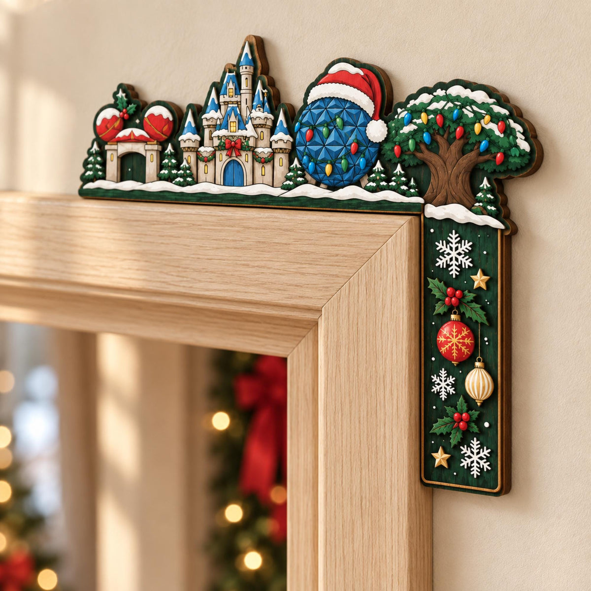 May include: A wooden door corner topper featuring a colorful holiday scene with a castle, a geodesic sphere wearing a Santa hat, and a tree decorated with lights. The vertical side displays snowflakes, holly berries, and ornaments on a dark green background.