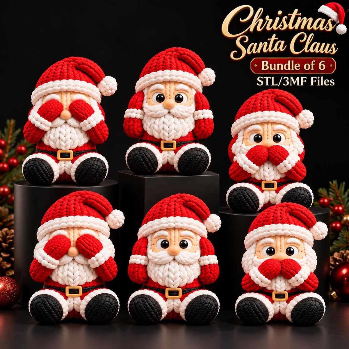 May include: A bundle of six 3D printable Santa Claus figurines featuring a knit-like texture. Each Santa wears a red hat, red coat with a black belt and gold buckle, and black boots. The figures display various poses, including covering eyes, ears, or mouth.