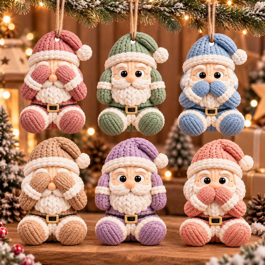 May include: Six hanging ornaments shaped like Santa Claus figures, each featuring a textured knit-look design in different colors including pink, green, blue, tan, purple, and peach, with white trim, black belts, and various hand gestures.