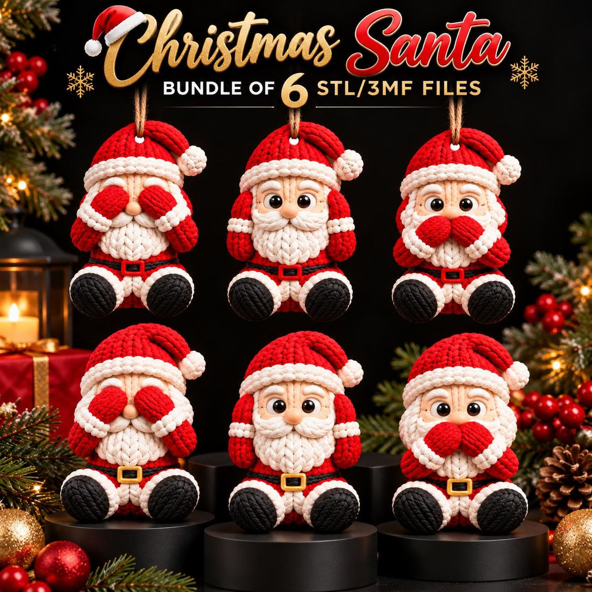May include: A digital bundle of 6 Christmas Santa ornaments in STL and 3MF file formats. Each Santa figure features a red and white knit-textured suit, a matching hat, and black boots. The figures are posed with hands covering eyes, ears, or mouth.