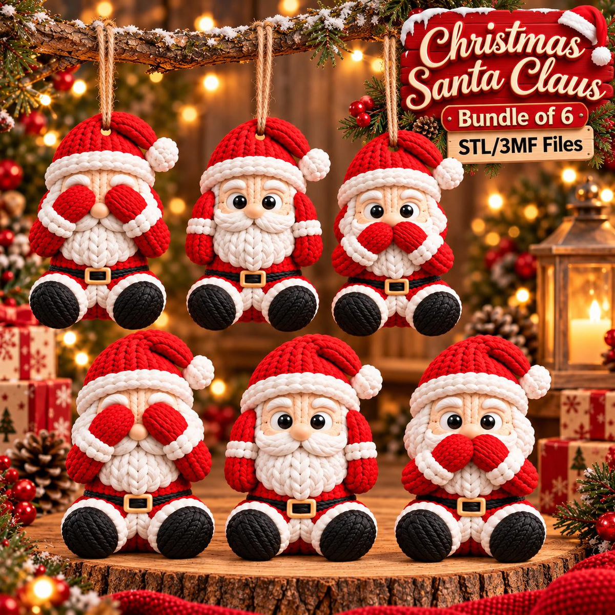 May include: A bundle of six Santa Claus ornaments featuring a crochet-style texture. Each figure wears a red hat, a white beard, a red coat with a black belt, and black boots. Some figures cover their eyes, ears, or mouths. Text reads: Christmas Santa Claus Bundle of 6 STL/3MF Files.