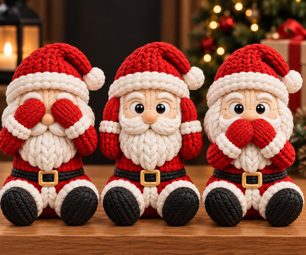 May include: Three Santa Claus figurines crafted with a textured knit appearance. Each figure wears a red and white hat, a black belt with a gold buckle, and black boots. One covers its eyes, one covers its ears, and one covers its mouth.