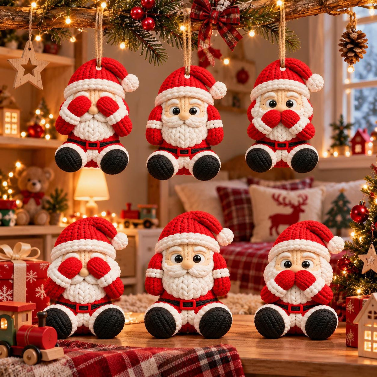 May include: Six crocheted Santa Claus ornaments featuring red and white hats, white beards, and black boots. Three ornaments are hanging by twine, while three are sitting. Each Santa displays a different gesture: covering eyes, ears, or mouth.