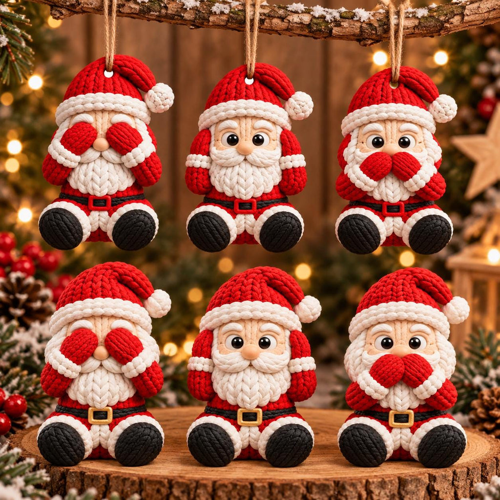May include: Six hanging Santa Claus ornaments crafted with a textured knit appearance. Each figure wears a red hat, white beard, and black boots. The figures are posed in three variations: covering eyes, covering ears, and covering the mouth.