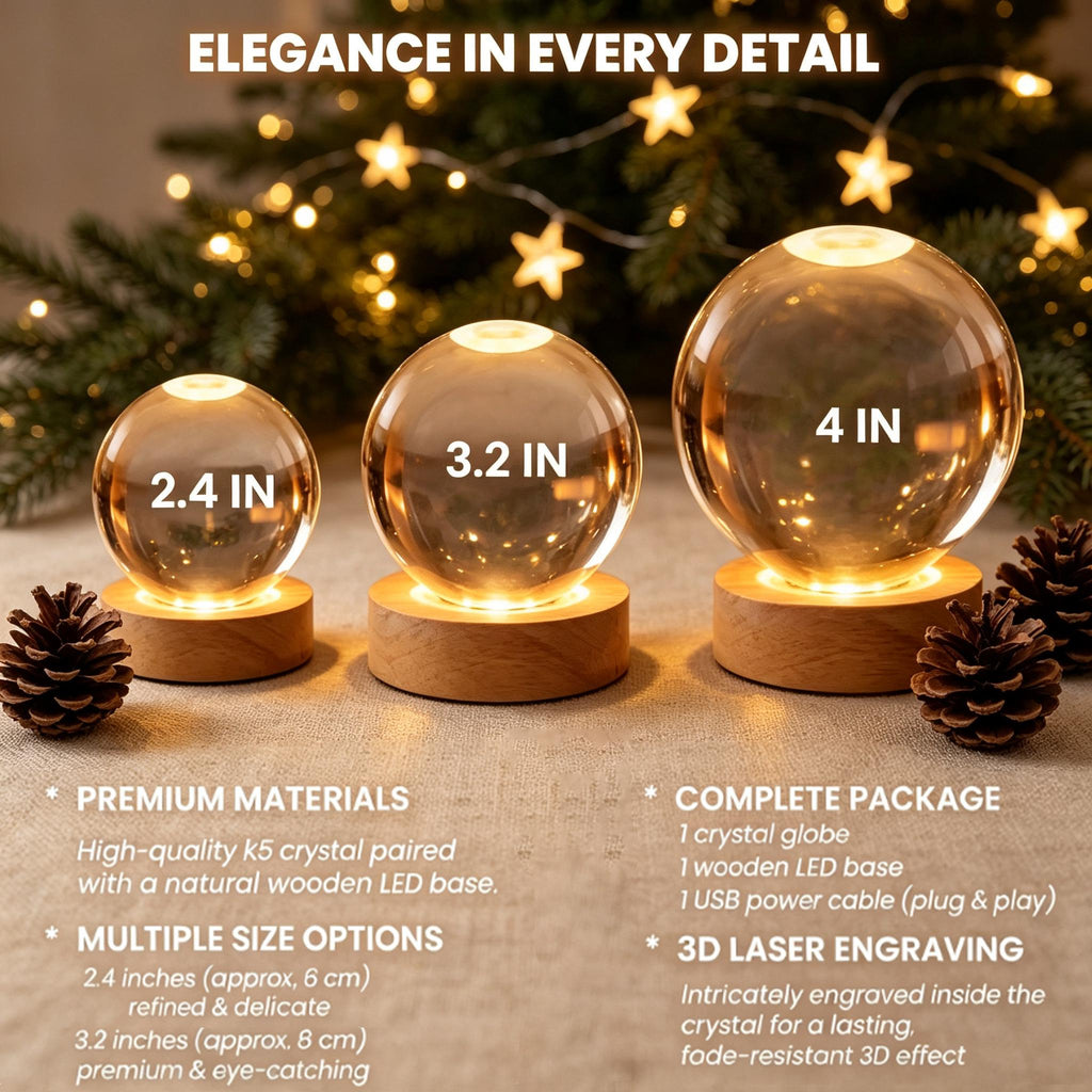 May include: Three clear crystal globes on round wooden LED bases, labeled 2.4 inches, 3.2 inches, and 4 inches. The text ELEGANCE IN EVERY DETAIL appears at the top. The globes are illuminated from below, creating a warm glow against a pine background.