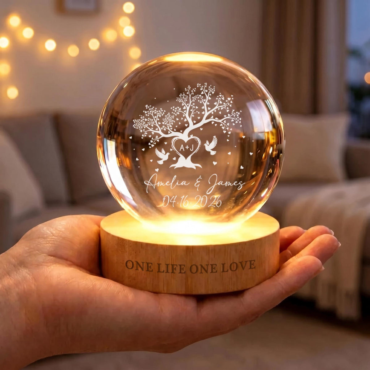 May include: A clear glass sphere lamp resting on a cylindrical wooden base. The sphere features an etched design of a tree, two birds, a heart with the letters A+J, and the text Amelia & James 04.16.2026. The wooden base is engraved with ONE LIFE ONE LOVE.