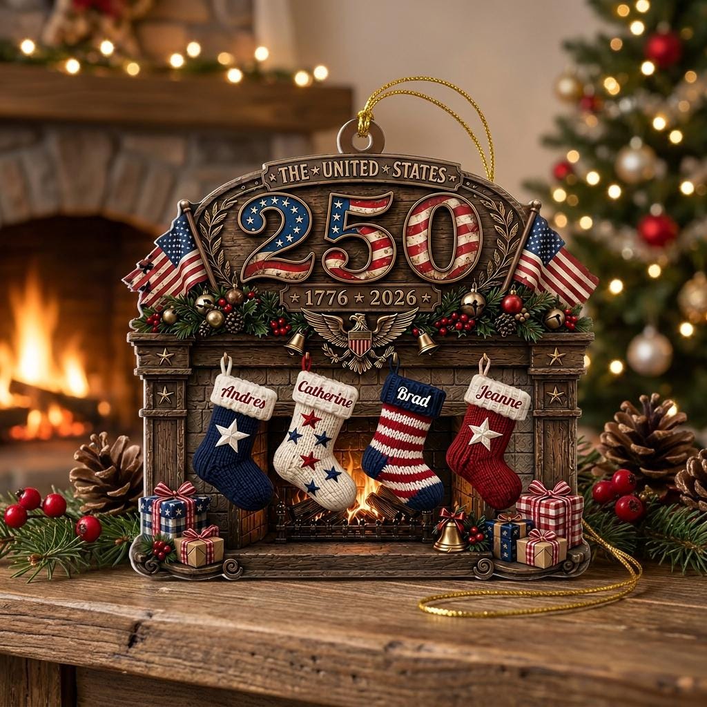 May include: A decorative holiday ornament shaped like a fireplace mantel featuring the text THE UNITED STATES 250 and 1776 2026. It includes four miniature stockings labeled Andres, Catherine, Brad, and Jeanne, two American flags, and a central eagle emblem.