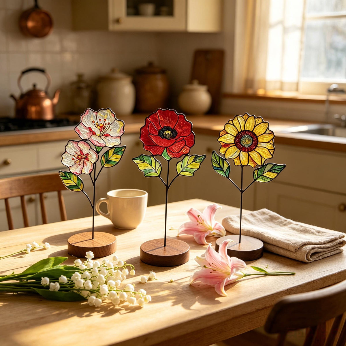 May include: Three stained glass flower ornaments on wooden bases. One features white and pink blossoms, one a vibrant red poppy, and one a bright yellow sunflower. Each flower has black metal stems and green leaves, standing on circular wood.