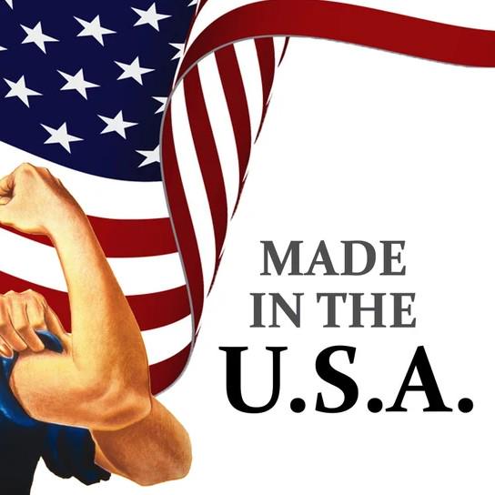 May include: A graphic illustration featuring a flexed arm wearing a blue sleeve against a background of the American flag with red, white, and blue stripes and white stars. The text MADE IN THE U.S.A. is printed in bold black capital letters.