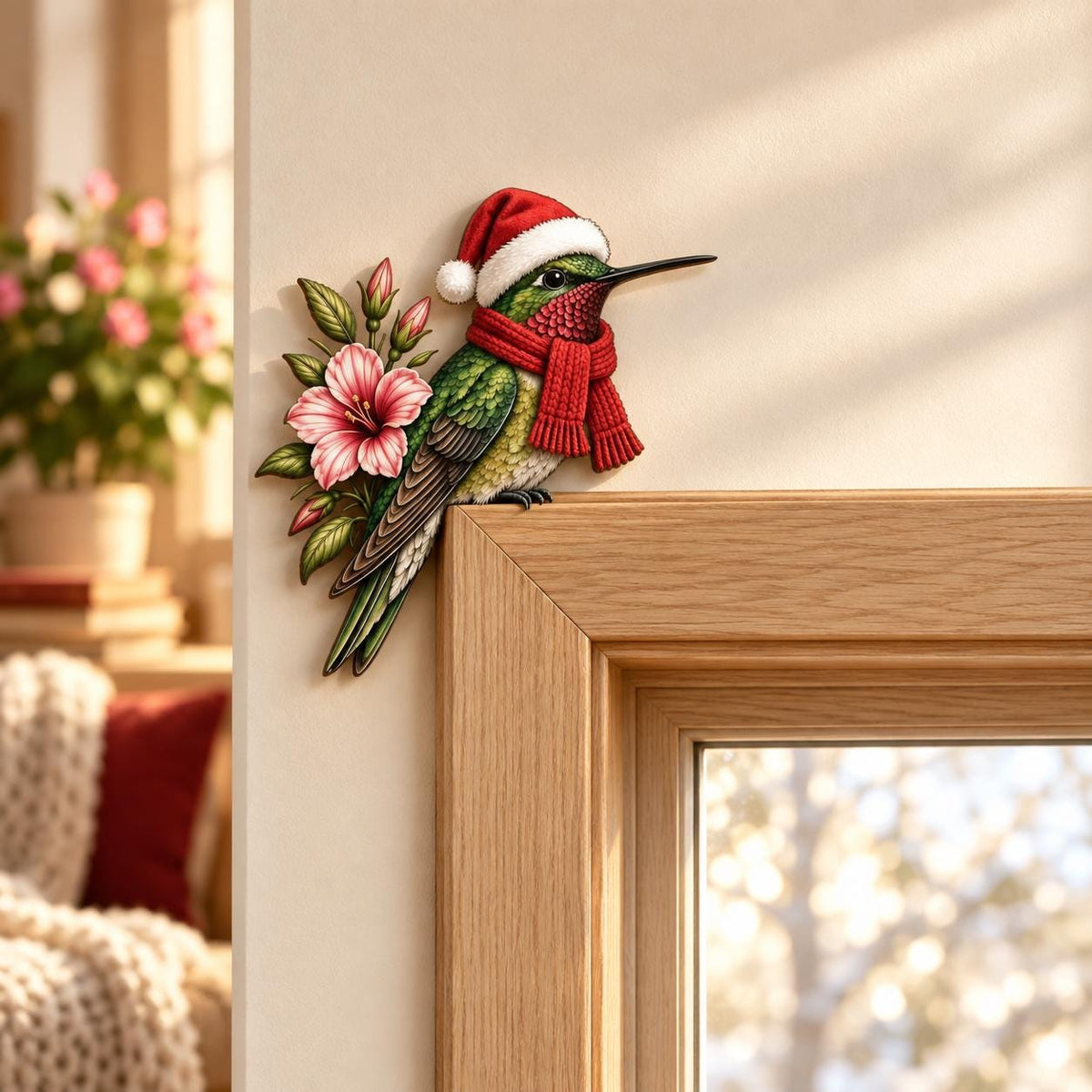 May include: A decorative wooden corner accent featuring a green hummingbird wearing a red and white Santa hat and a red knitted scarf. The bird is perched next to a cluster of pink hibiscus flowers and green leaves, designed to sit on a door frame.