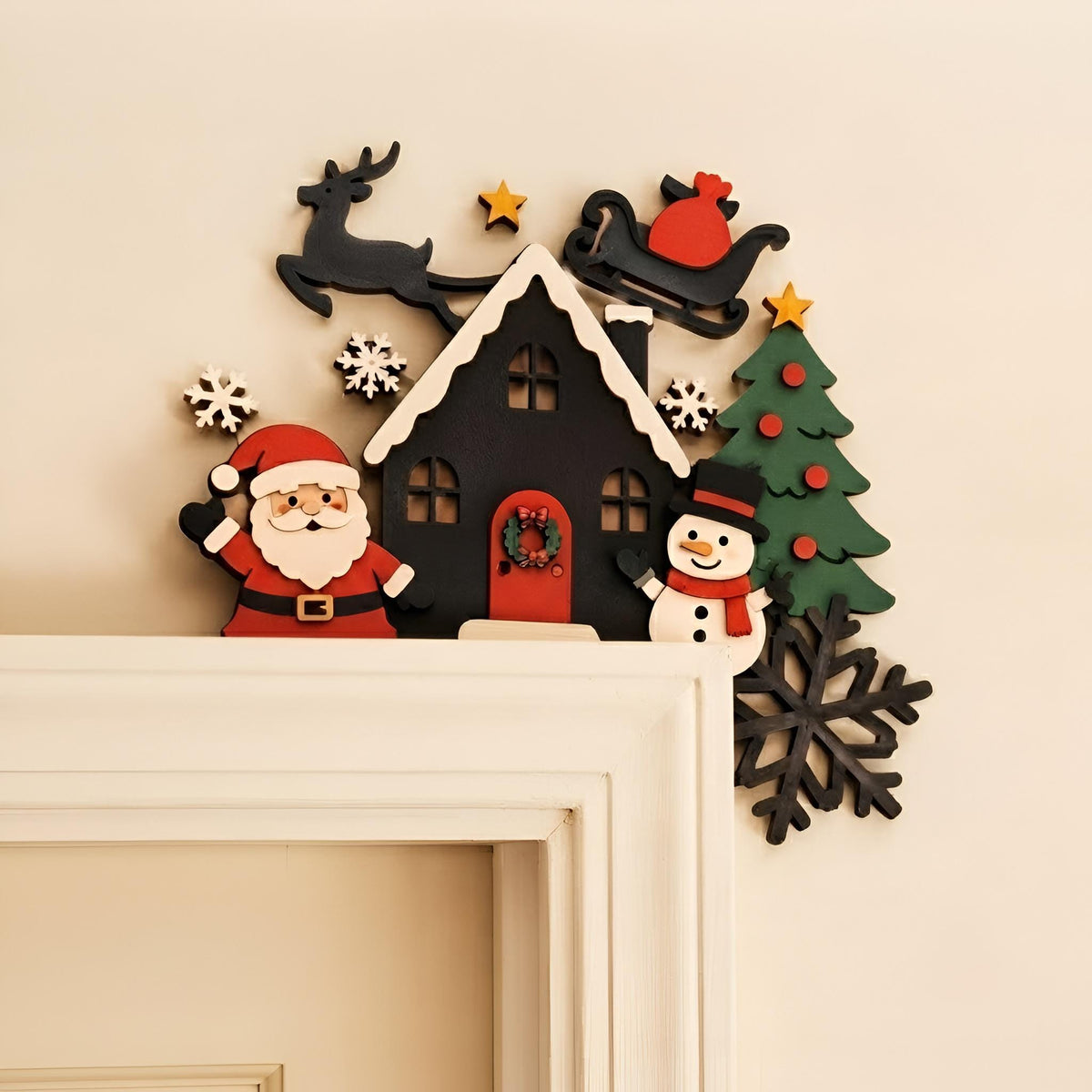 May include: A wooden Christmas door corner decoration featuring a black house with a red door, a Santa Claus figure, a snowman, a green Christmas tree, a black reindeer and sleigh silhouette, and white snowflakes against a light background.