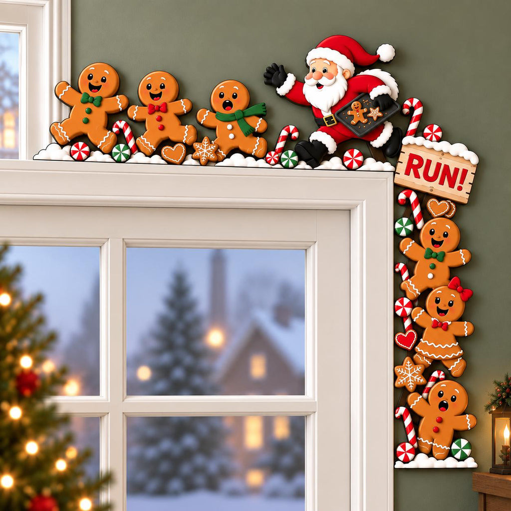 May include: A Christmas-themed door corner decoration featuring Santa Claus and several gingerbread figures. Santa holds a tray of cookies, while gingerbread characters are arranged along the frame with candy canes and a sign that reads RUN!