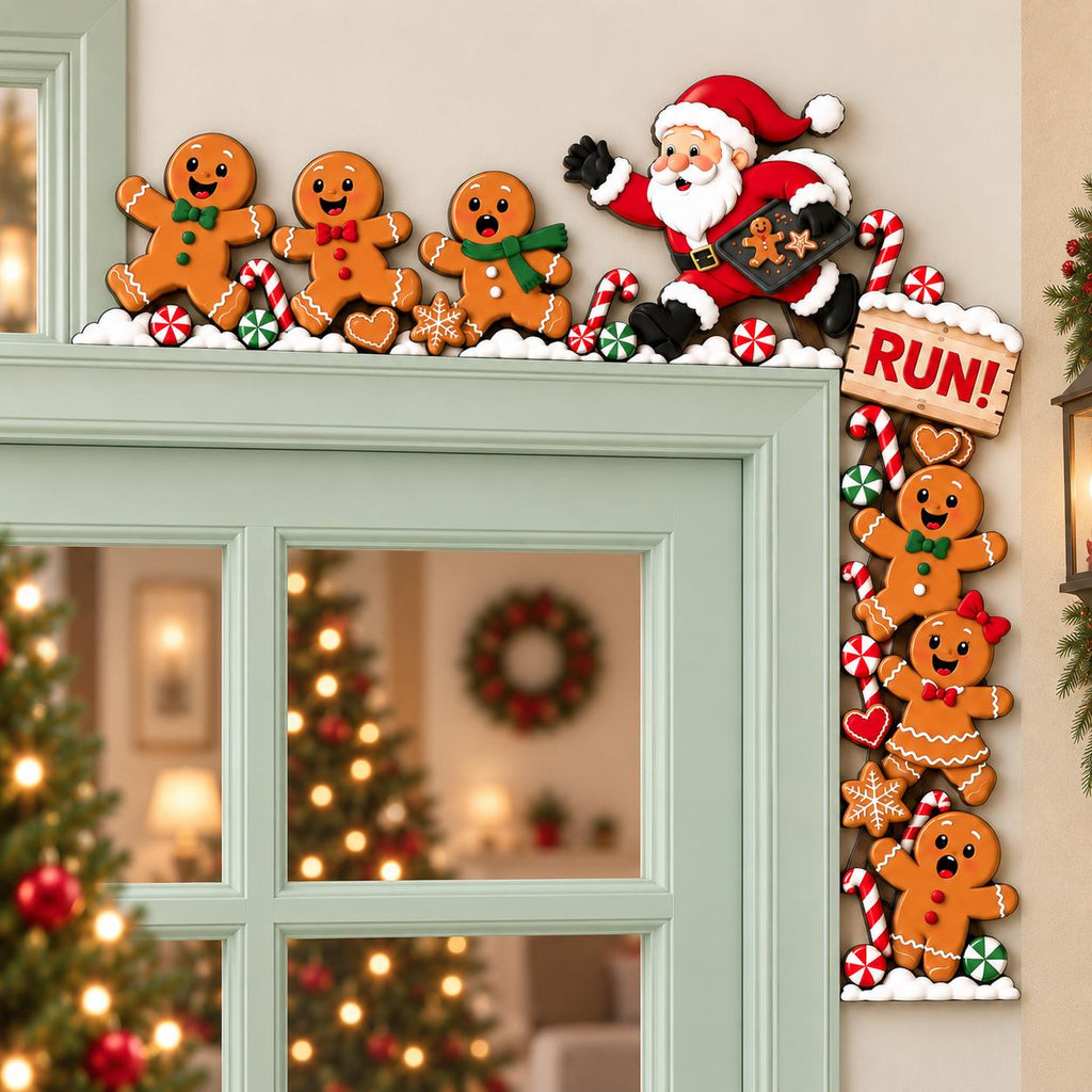 May include: A Christmas door corner decoration featuring a line of gingerbread cookies and Santa Claus running across the top, with a vertical section on the side displaying more gingerbread cookies and a sign that reads RUN! in red letters.