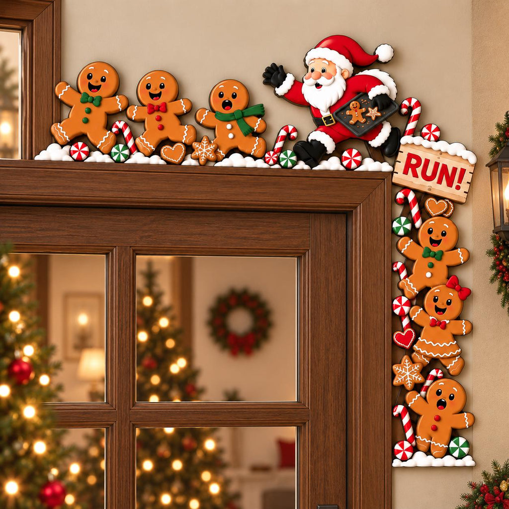 May include: A Christmas door corner decoration featuring Santa Claus holding a tray of cookies and several gingerbread figures. The design includes red and white candy canes, small round candies, and a wooden sign with the text RUN! in red letters.