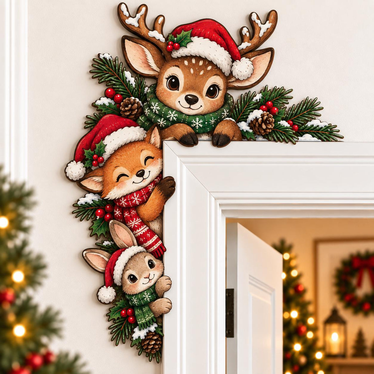 May include: A decorative wooden door corner accent featuring a cartoon deer, fox, and rabbit wearing red Santa hats and winter scarves. The animals are surrounded by green pine branches, red berries, and brown pinecones for a festive look.