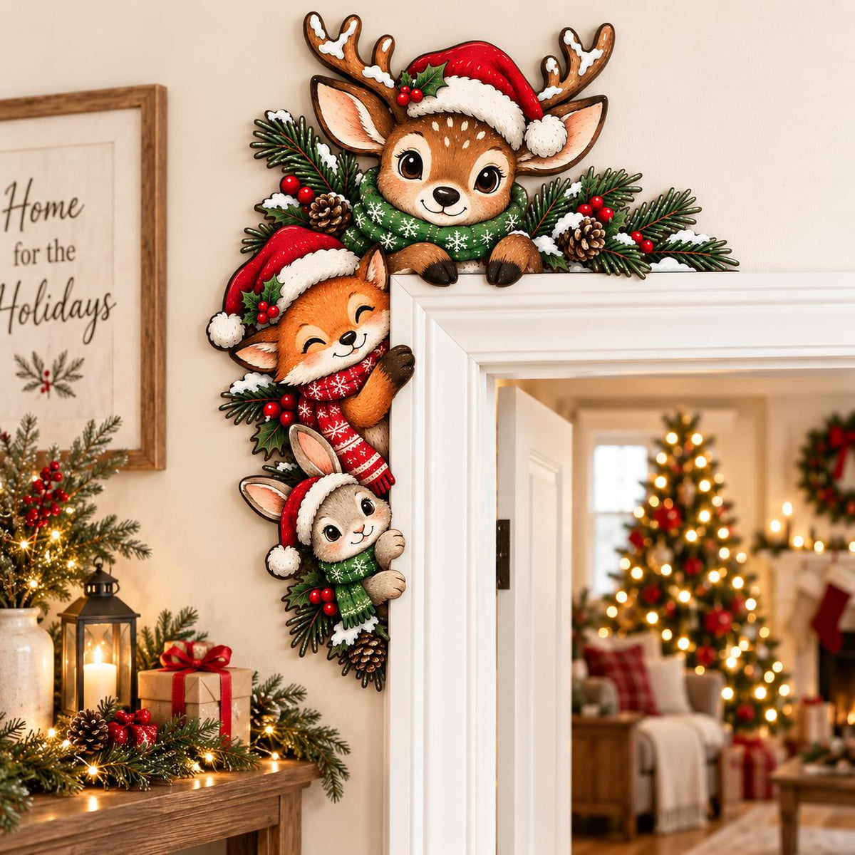 May include: A decorative wooden door corner sign featuring a cartoon deer, fox, and rabbit wearing red Santa hats and winter scarves. The animals are surrounded by green pine branches, red berries, and brown pinecones, designed to frame a door frame.