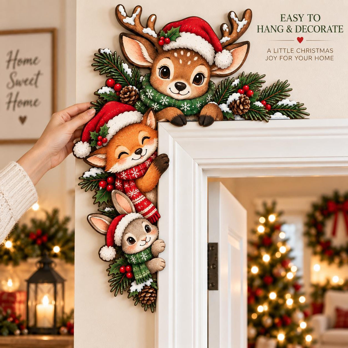 May include: A decorative wooden door corner sign featuring a reindeer, a fox, and a rabbit wearing Santa hats and scarves, accented with pine branches, red berries, and pinecones. The text reads: EASY TO HANG & DECORATE A LITTLE CHRISTMAS JOY FOR YOUR HOME.