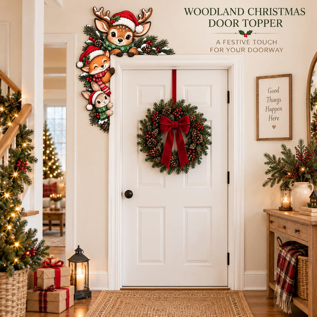 May include: A white door featuring a woodland Christmas door topper with illustrations of a deer, fox, and rabbit wearing winter hats and scarves. A green wreath with pinecones and a large red velvet bow hangs in the center of the door.