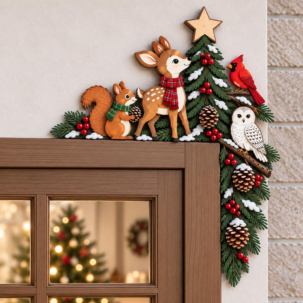 May include: A wooden door corner decoration featuring a brown deer with a red plaid scarf, a squirrel with a green scarf, a red cardinal, and a white owl. The design includes a green pine tree with snow, red berries, pinecones, and a star.