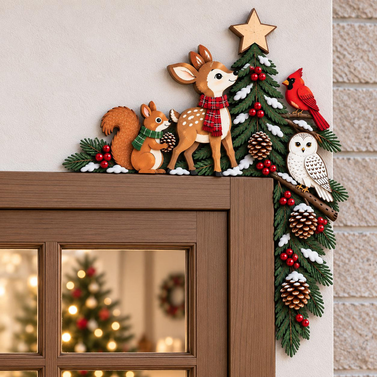 May include: A wooden door corner decoration featuring a brown deer with a red plaid scarf, a squirrel with a green scarf, a red cardinal, and a white owl. The design includes a green pine tree with snow, red berries, pinecones, and a star.