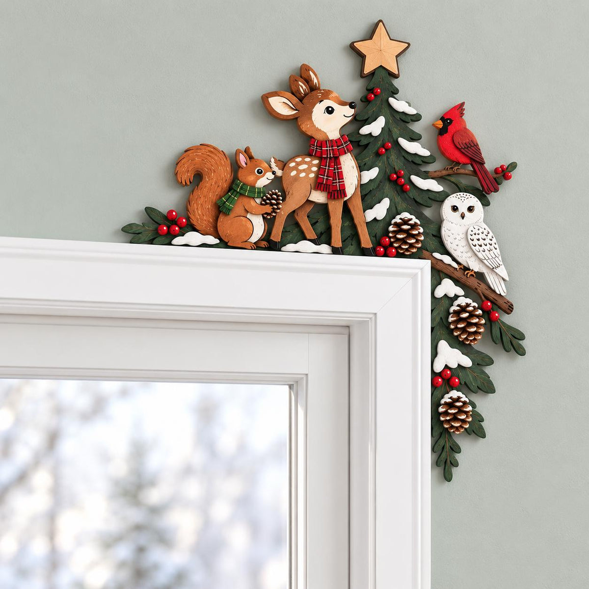 May include: A decorative wooden door corner topper featuring a brown deer wearing a red plaid scarf, a squirrel with a green scarf, a red cardinal, and a white owl. The scene includes a green pine tree with snow, pinecones, and red berries.