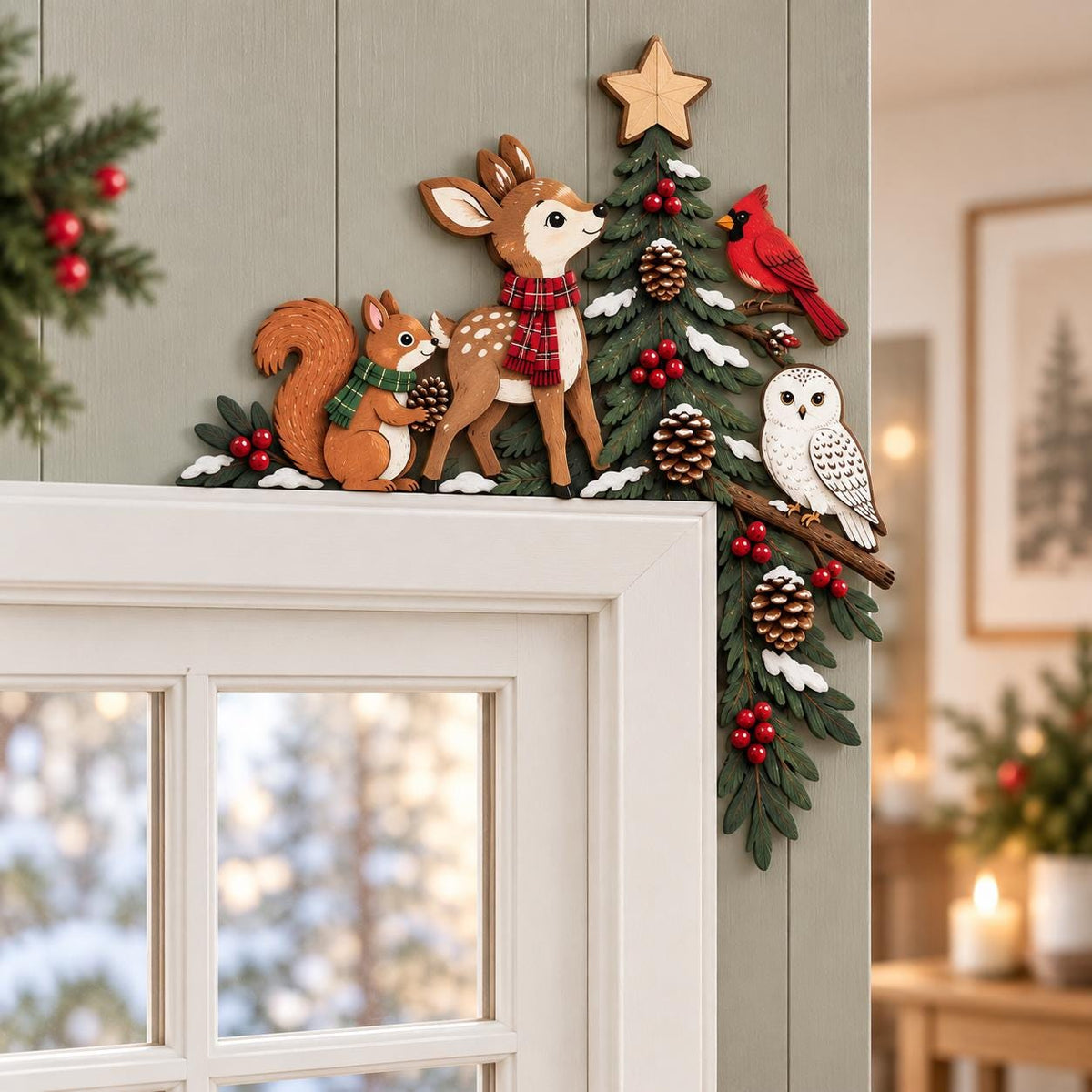 May include: A wooden corner door topper featuring a brown deer with a red plaid scarf, a squirrel with a green scarf, a white owl, and a red cardinal perched on a green pine tree decorated with pinecones, red berries, and a wooden star at the top.