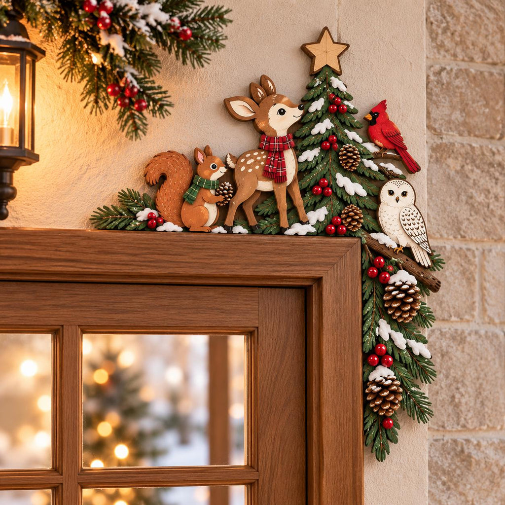 May include: A wooden door corner decoration featuring a green Christmas tree with a star topper, a brown deer wearing a red plaid scarf, a squirrel with a green scarf, a red cardinal bird, a white owl, pinecones, and red berries.