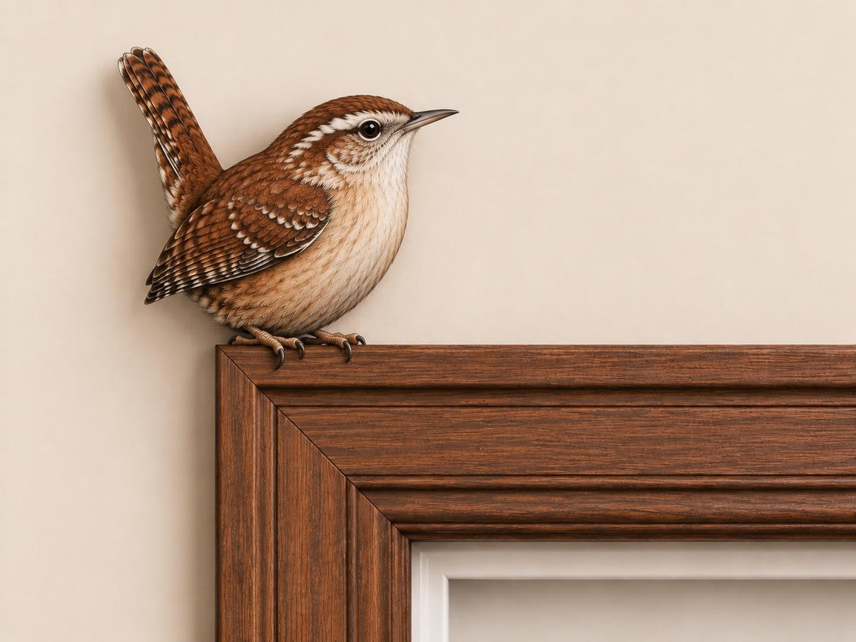 May include: A small brown wren with a white eyebrow stripe and a dark, pointed beak perched on the top edge of a dark wood picture frame. The bird has detailed brown and white patterned feathers on its wings and a tail held upright.