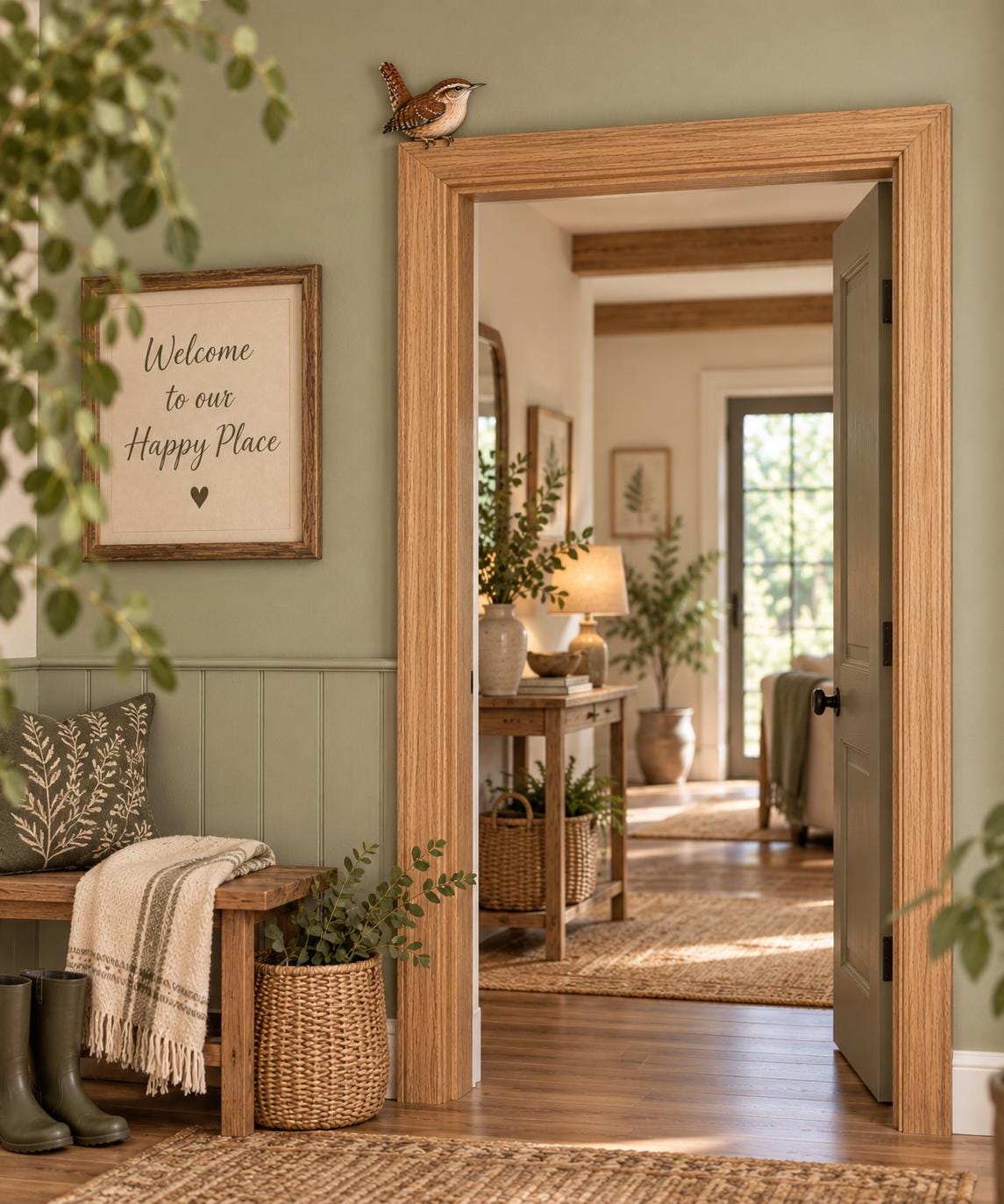 May include: A square wall sign with a wooden frame featuring the text Welcome to our Happy Place and a small heart icon. The sign is mounted on a sage green wall next to a wooden bench with a patterned pillow, a throw blanket, and a woven basket.