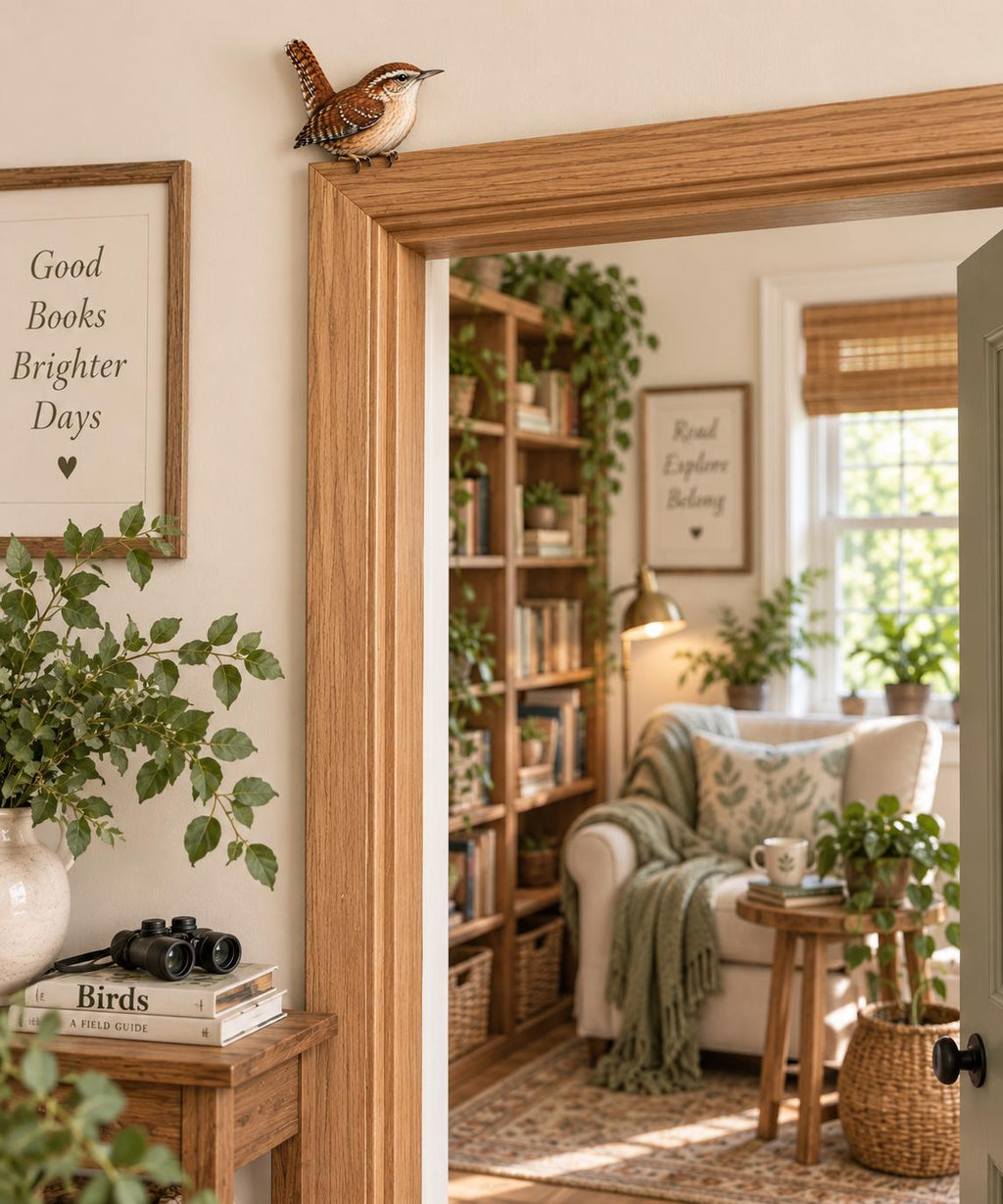 May include: A small brown and white bird figurine perched on a wooden door frame. The bird has detailed feathers and a pointed beak. The scene includes a room with a bookshelf, a chair with a green throw blanket, and a side table with a plant.