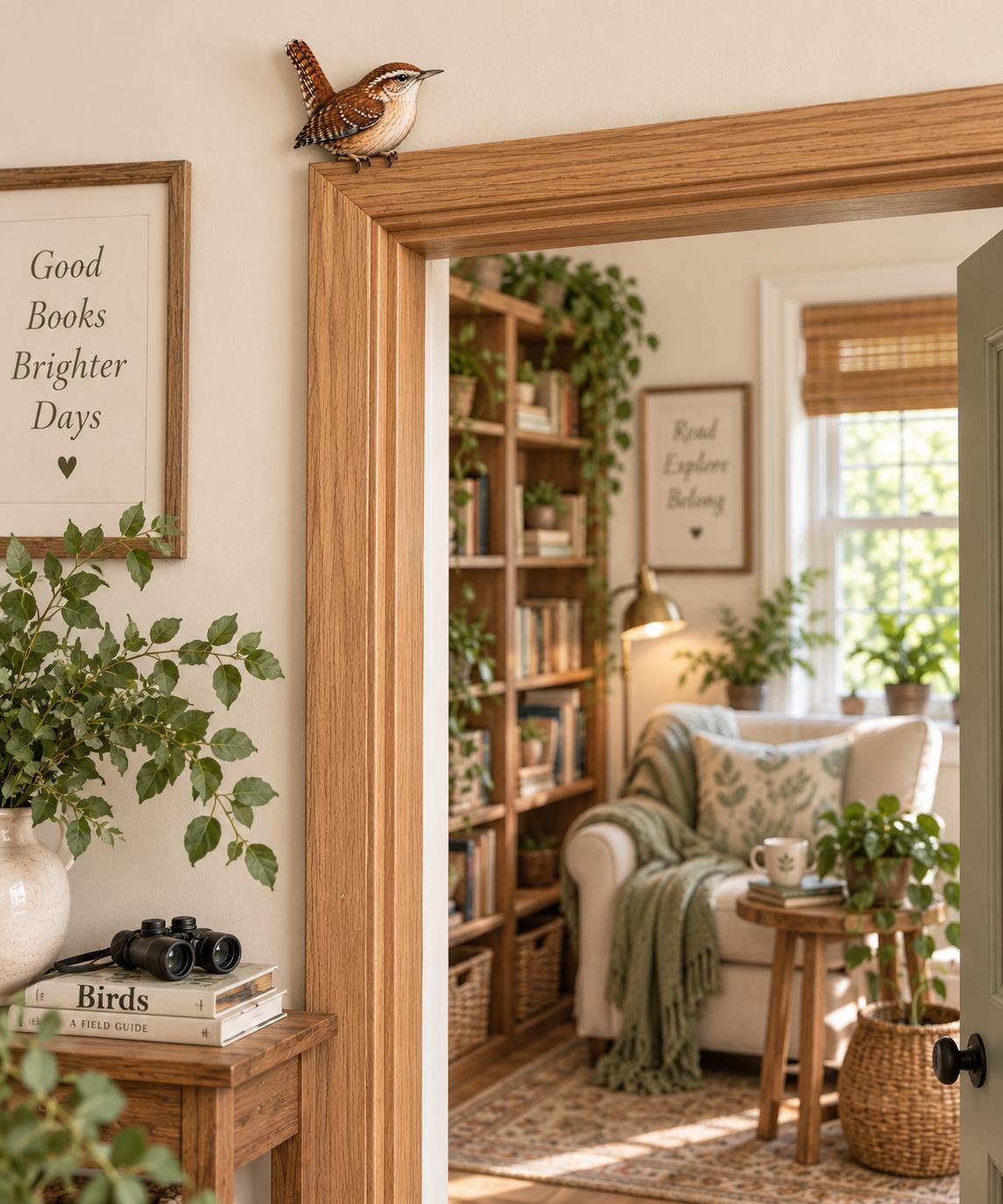 May include: A small brown and white bird figurine perched on a wooden door frame. The bird has detailed feathers and a pointed beak. The scene includes a room with a bookshelf, a chair with a green throw blanket, and a side table with a plant.