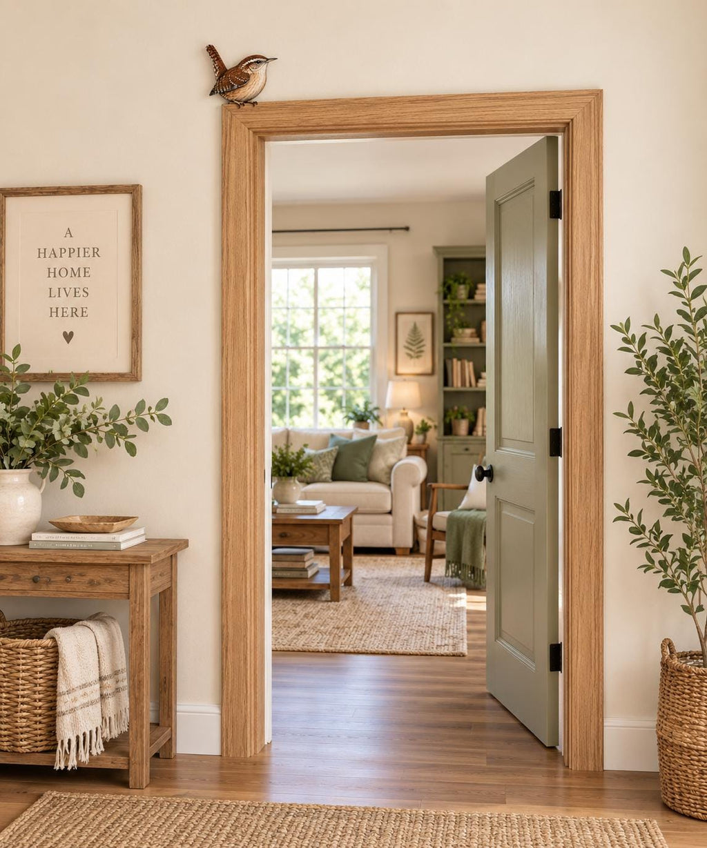 May include: A sage green interior door with a black knob set within a light oak wood frame. A small brown bird figurine sits on the top corner of the door frame. A framed sign on the wall reads A HAPPIER HOME LIVES HERE with a small heart icon.